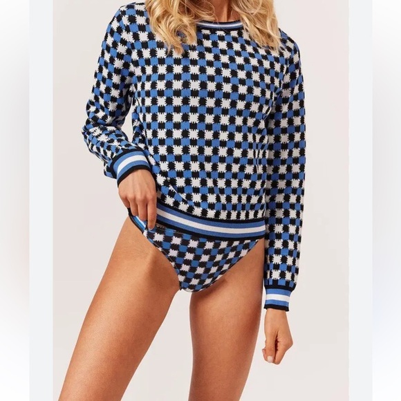 Solid and Striped Mackenzie Plaid Blue White Knit Pullover Sweater Size S - Picture 1 of 6